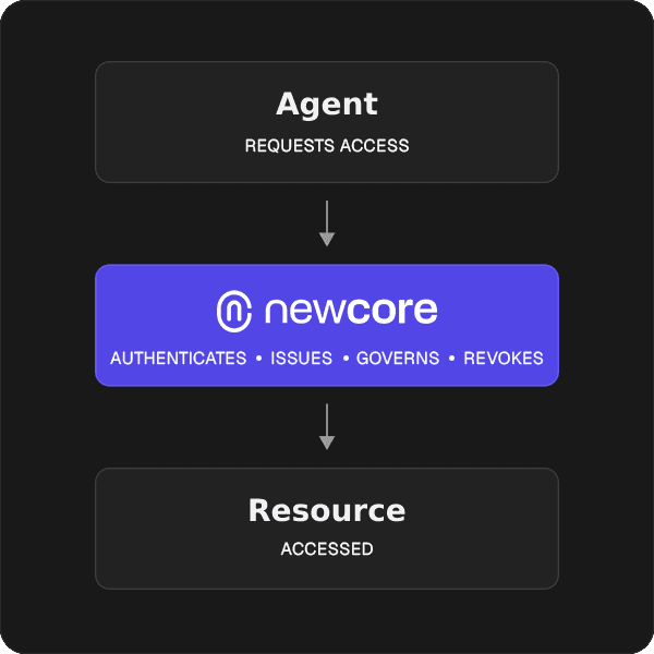 Agent requests access through NewCore — which authenticates, issues, governs, and revokes — then accesses the resource