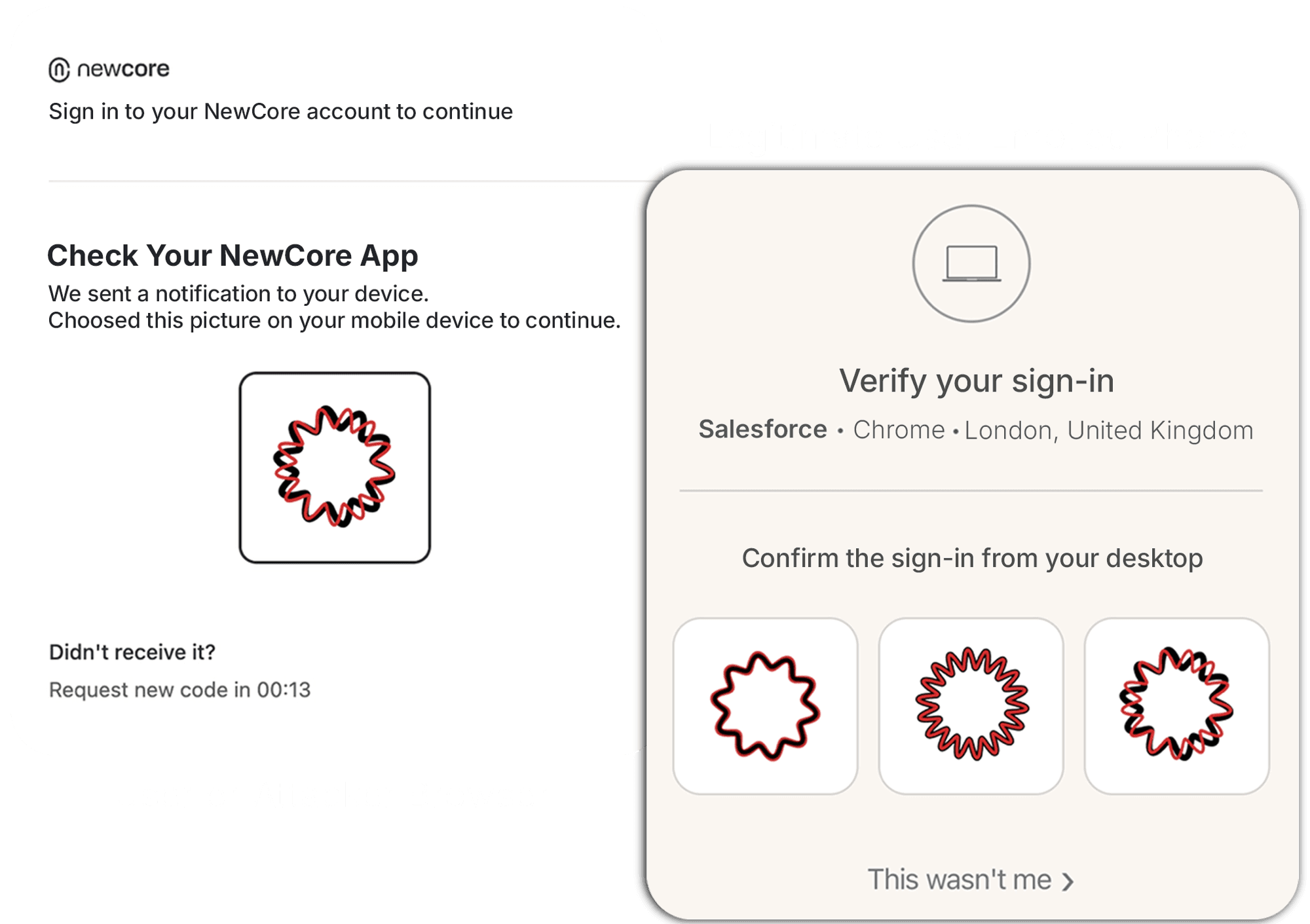 NewCore Visual MFA — browser and enrolled phone views showing push authentication with matching shape selection