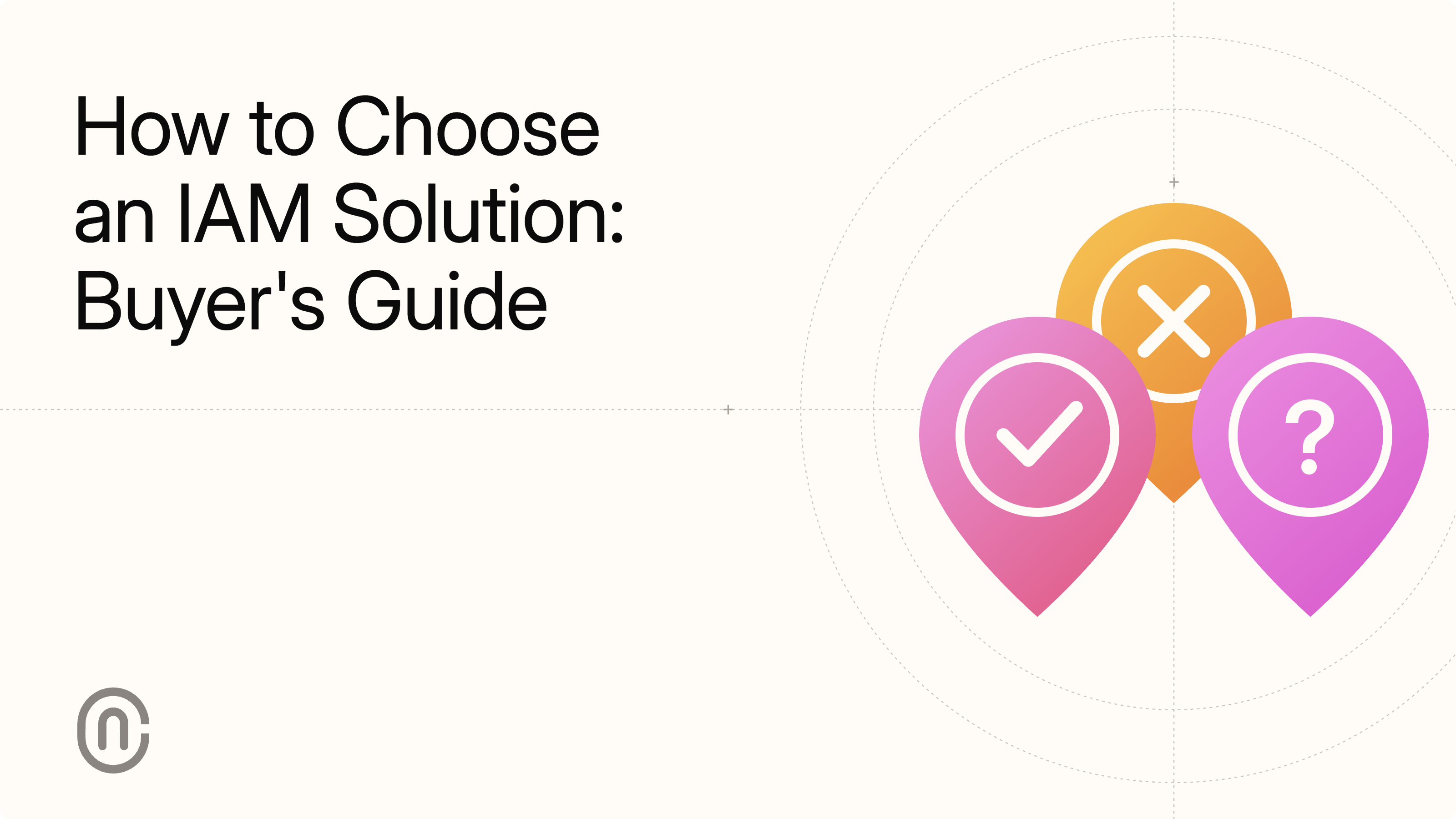 Cover of the NewCore "How to Choose an IAM Solution: Buyer's Guide" — a check, an X, and a question mark map pin over a dashed radial grid on a cream field.
