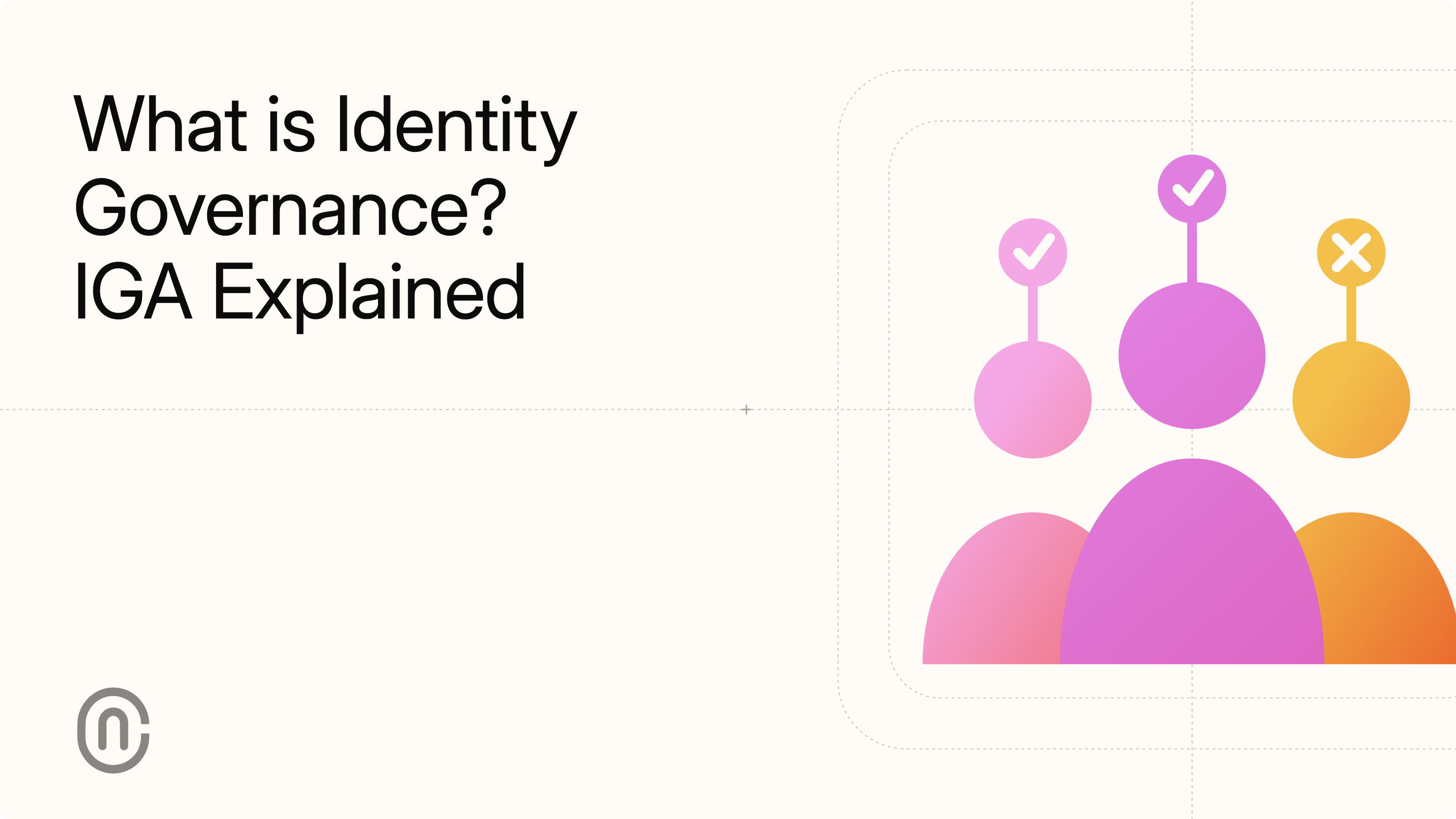 Cover of the NewCore "What is Identity Governance? IGA Explained" guide — three access badges with approve and deny marks on a cream field.